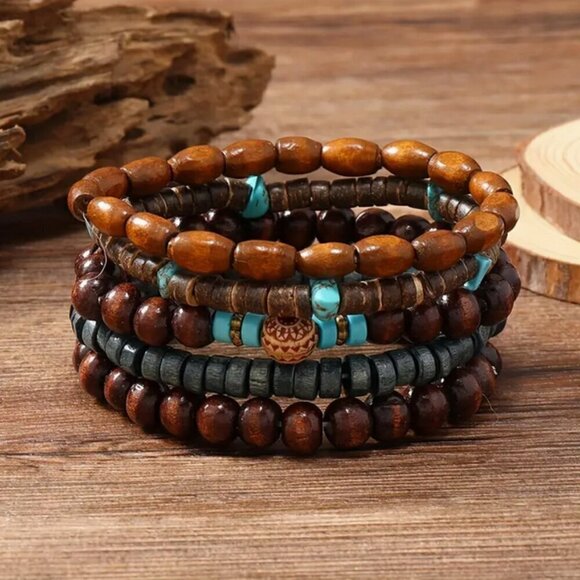 Natural Wood Beaded Charm Bracelets, Set of 5, Stretch Fit - Picture 1 of 9